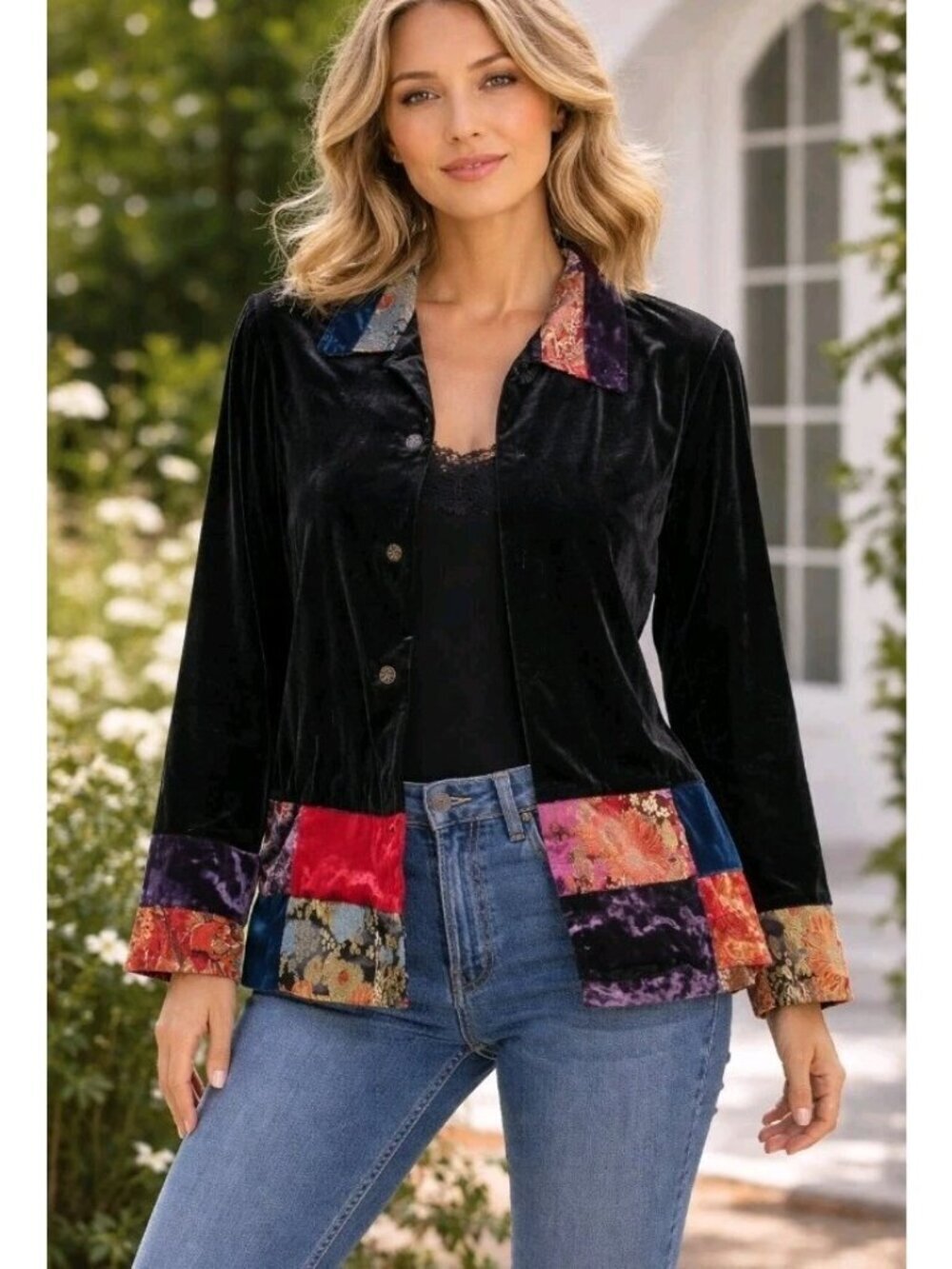 Vintage Womens Velvet Blazer Jacquard Patchwork Preppy Festival Size Large Black